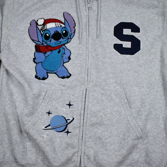 Disney Lilo & Stitch Santa Hat Christmas Gray Zip Up Hoodie sz medium loose fit - Picture 3 of 9